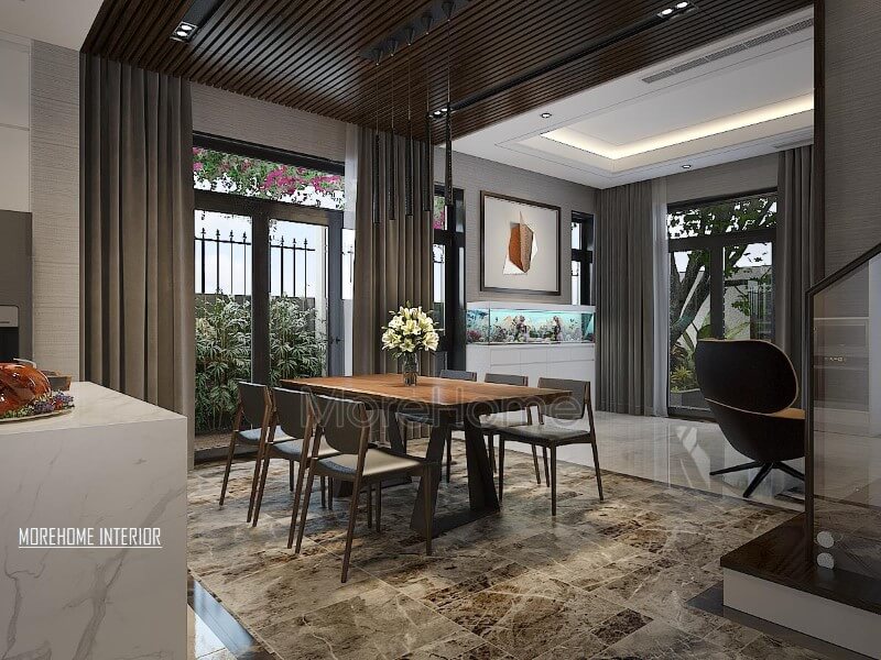 Bố trí phòng ăn hiện đại, sang trọng với sự phá cách trong vật liệu trang trí từ đá lát sàn, gỗ ốp tường hay bàn gỗ óc chó nguyên tấm. Thiết kế biệt thự