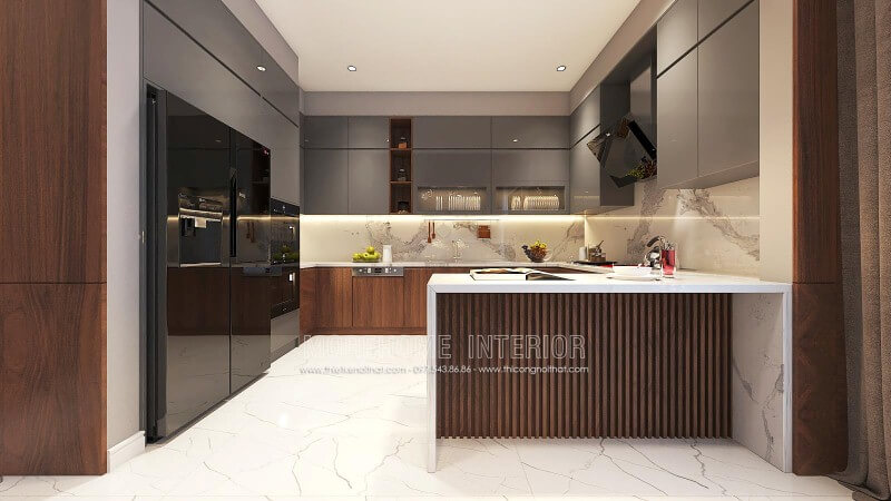 Bố trí nội thất phòng bếp độc đáo từ gỗ An Cường cao cấp kết hợp cùng đá ốp bếp sang trọng. thiết kế biệt thự